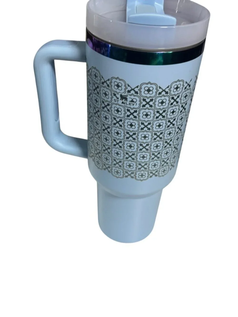 Stanley Engraved Tumbler with Handle, Light Blue Floral Pattern